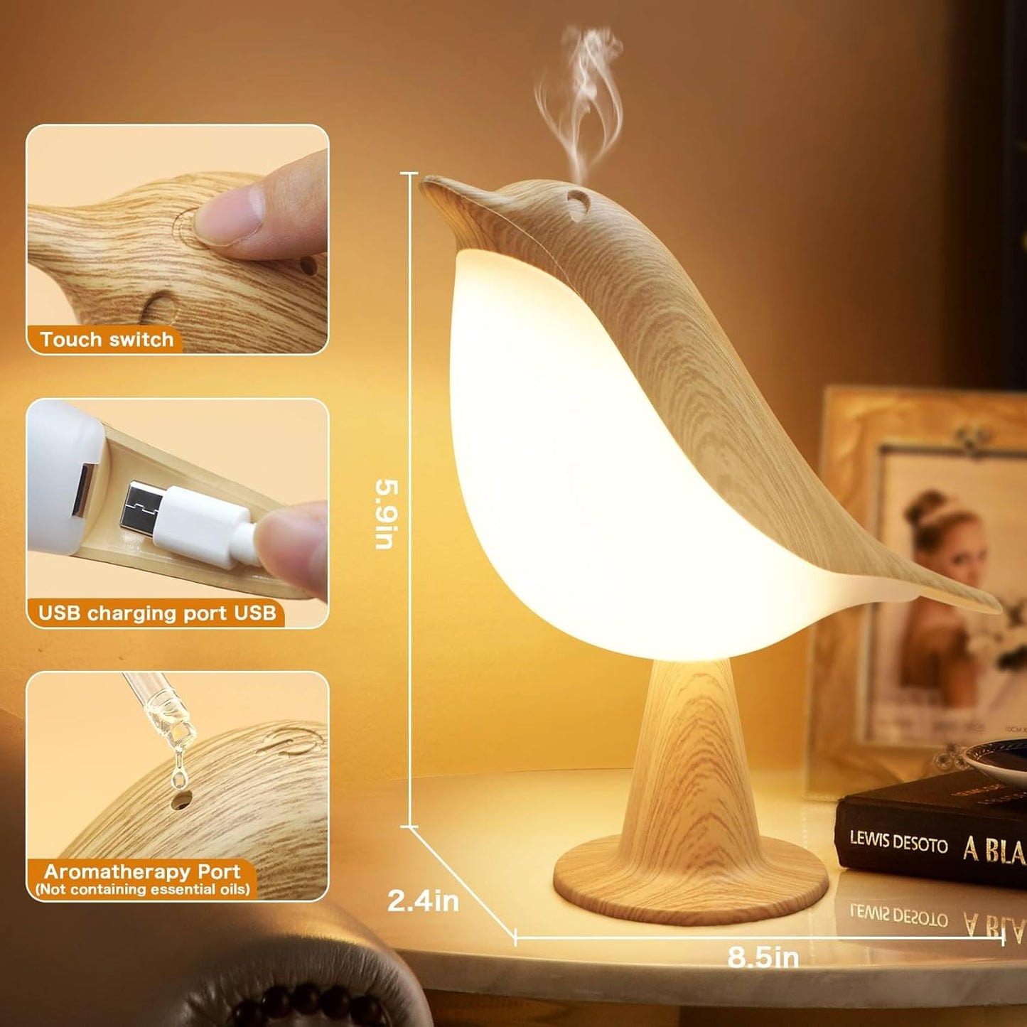 VViN 2 in 1 Small Desk Lamp, Bird Cordless Table Lamp with 3 Color Tem