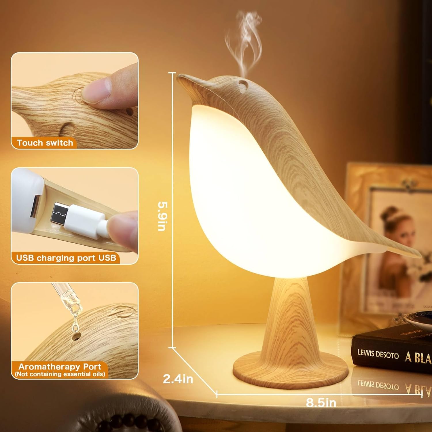 VViN 2 in 1 Small Desk Lamp, Bird Cordless Table Lamp with 3 Color Tem