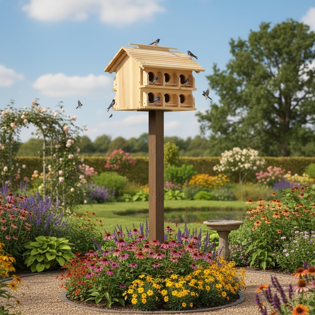 Purple Martin House Starling Birdhouse for Outside with 12 Rooms for Outside,Solid Cedar Wood Bird House for Garden, Pole Mountable Birdhouse, Metal Braket Included, Assembling Needed