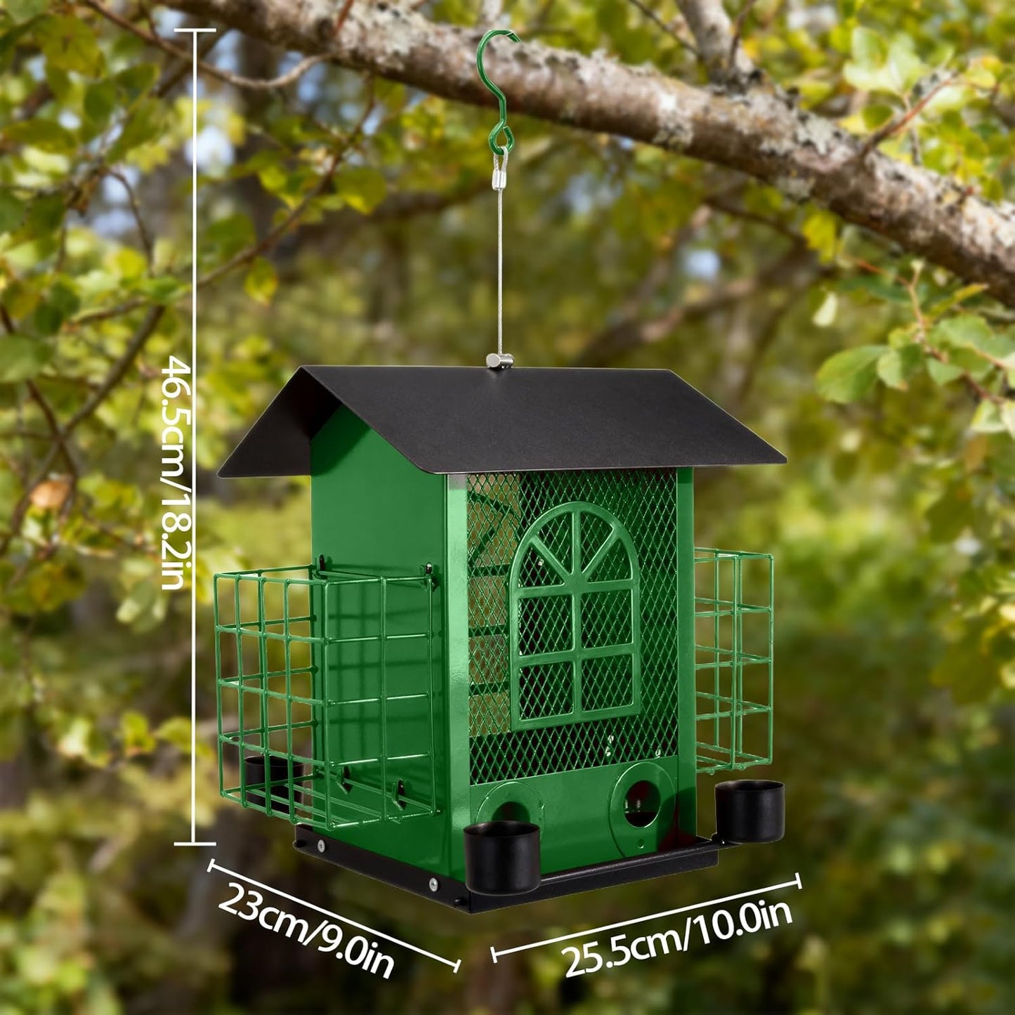 Outdoor Metal Hanging Bird Feeder Large Capacity Premium Wild Bird Feeder (Includes Bread Tray) Metal Mesh Design Multi-Compartment Food Storage Green (Green)