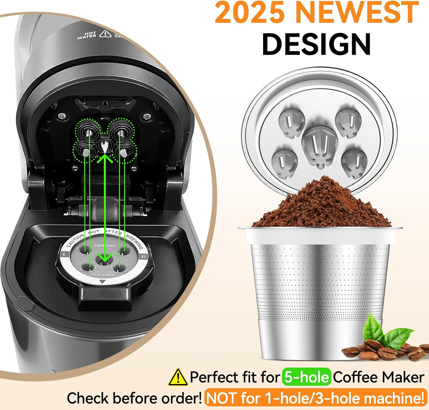 CAPMESSO Reusable K Cups for Keurig: 2025 Updated My K cup Metal Coffee Filter Refillable Coffee Pods with 5 Holes - for K Supreme/K Slim/K-Duo Gen2/K-Brew Chill with MultiStream Technology (2 Pack)