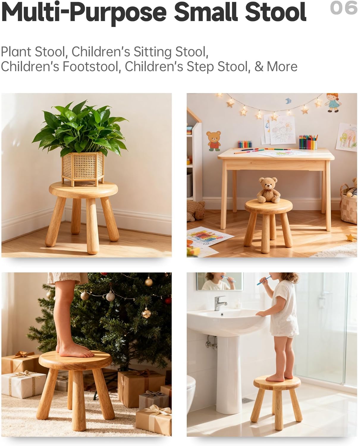 Small Solid Wood Stool, 10" Round Wooden Step Stool for Kids & Adults,