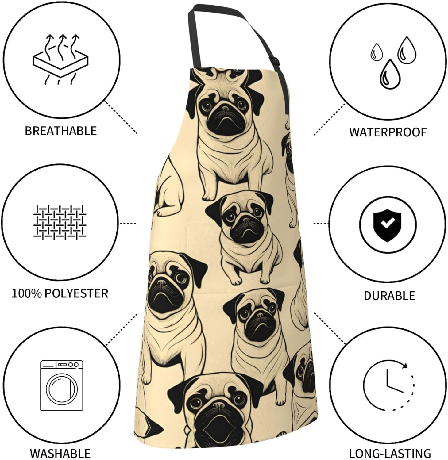 Cute Pug Dog print Waterproof chef's apron with pocket apron for kitch