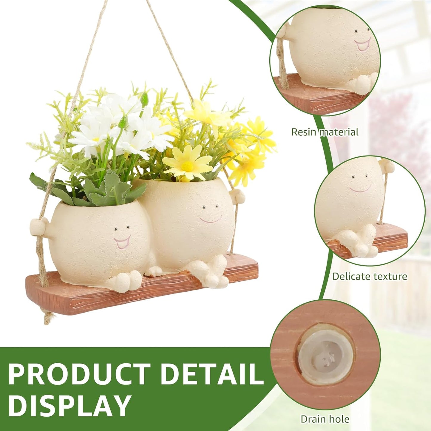 Face Flower Pot Small Swing Face Hanging Planter Pots Swinging Succulent Cute Hanging Flower Pot Resin Head Planter for String Indoor Outdoor Plants Lovers Birthday