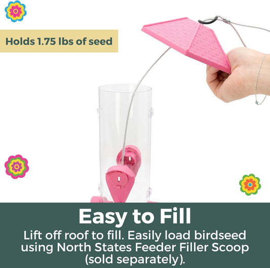 North States Village Collection - 2-in-1 Hinged-Port Birdfeeder Fiesta Pink: Hanging Bird Feeder for Outdoors, Holds 1.75 Pounds of Seed