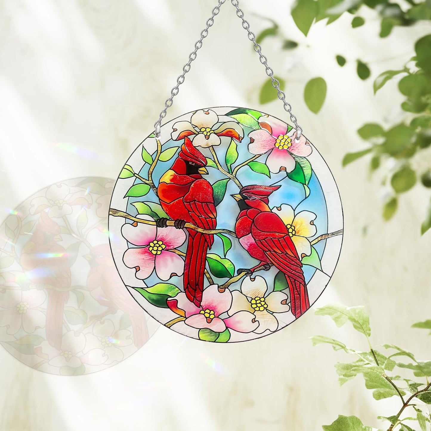 Cardinal Stained Glass Suncatcher, 8.6 inch Real Glass Window Hanging with Hook and Chain, Gift-Boxed Red Bird Decor for Bird Lovers, Mother’s Day and Christmas