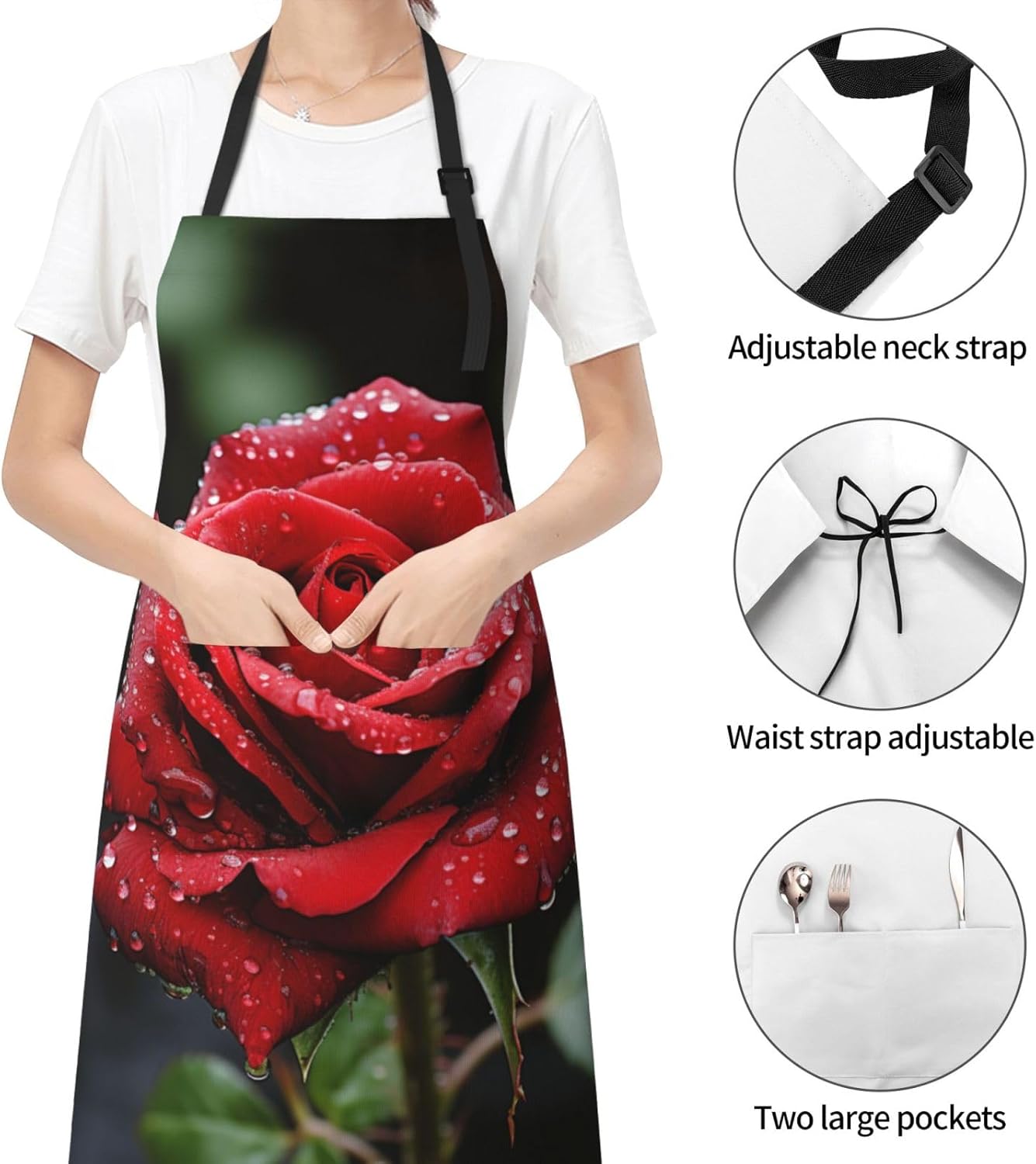 Red Rose print Waterproof apron with pocket adjustable cooking apron f