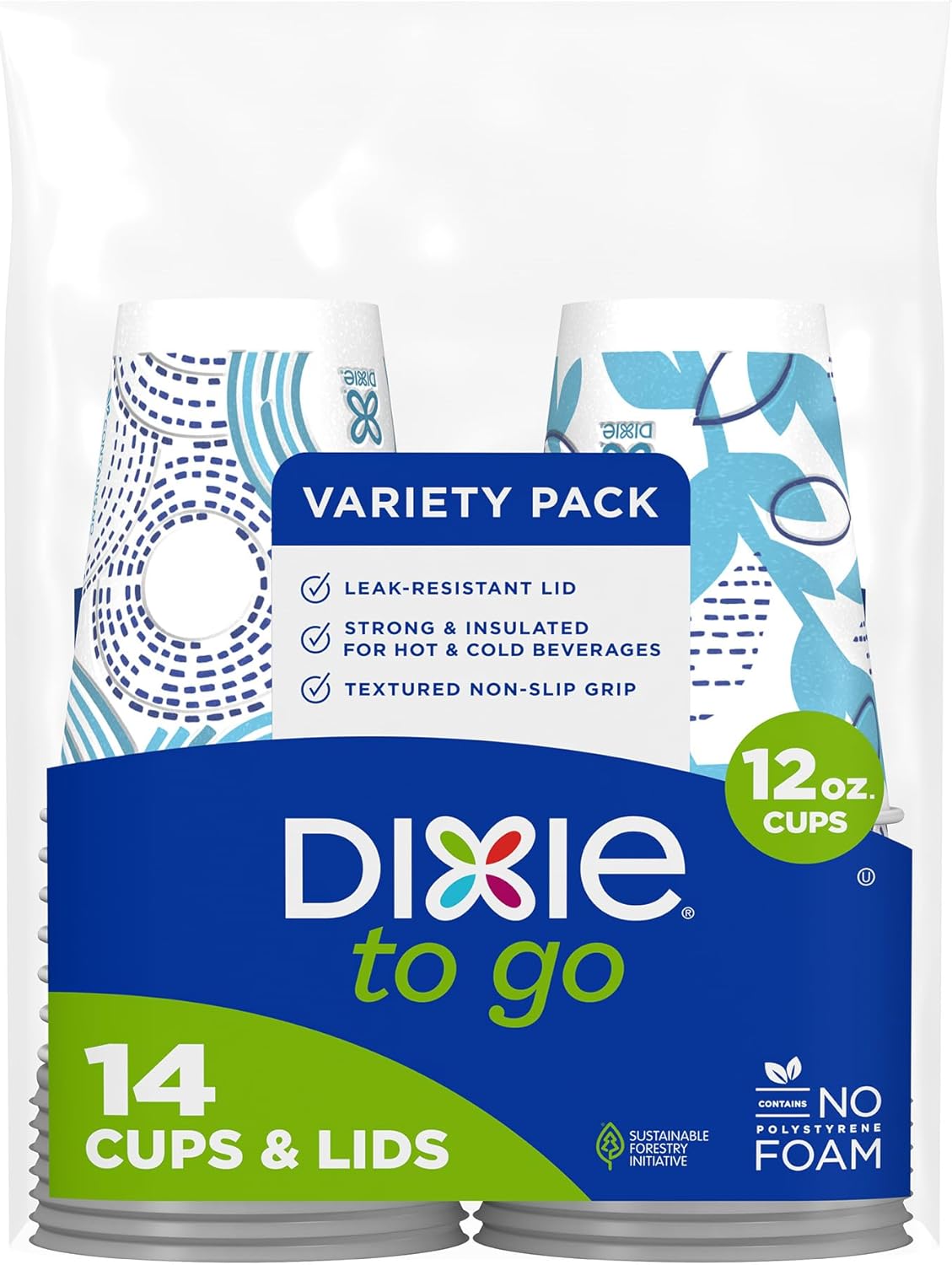 Dixie To Go Paper Coffee Cups With Lids, 12 oz, 14 ct, Disposable Insulated Paper Cups for On-The-Go Hot or Cold Beverages | Medium, With Lids, Disposable Cups, For On-The-Go, Hot Beverages