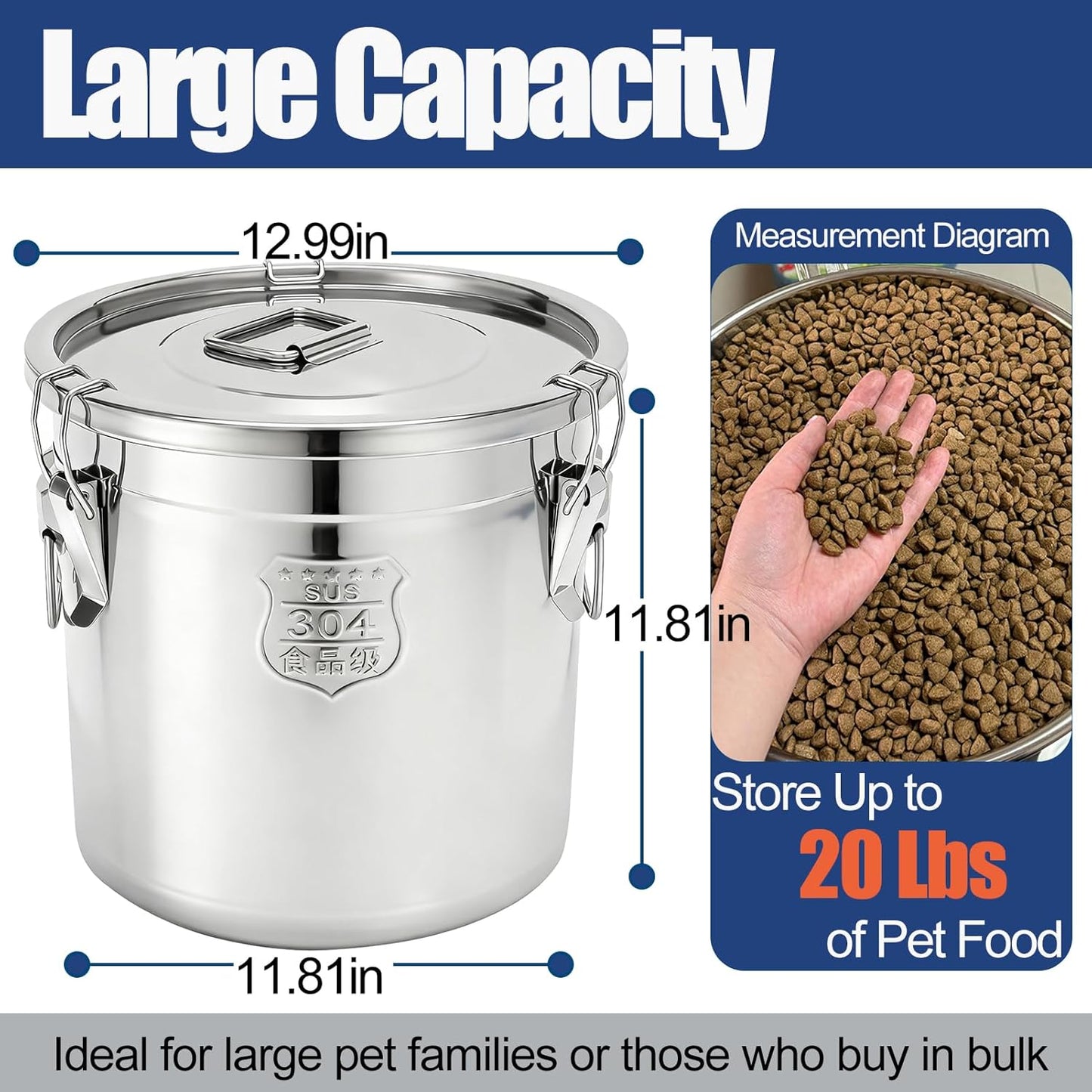 20 Lbs Stainless Steel Dog Food Storage Containers with Airtight Lid and Locking Clamp, Large Metal Dog Food Bin, Pet Food Storage Container for Dogs, Cats & Birds, Keep Fresh