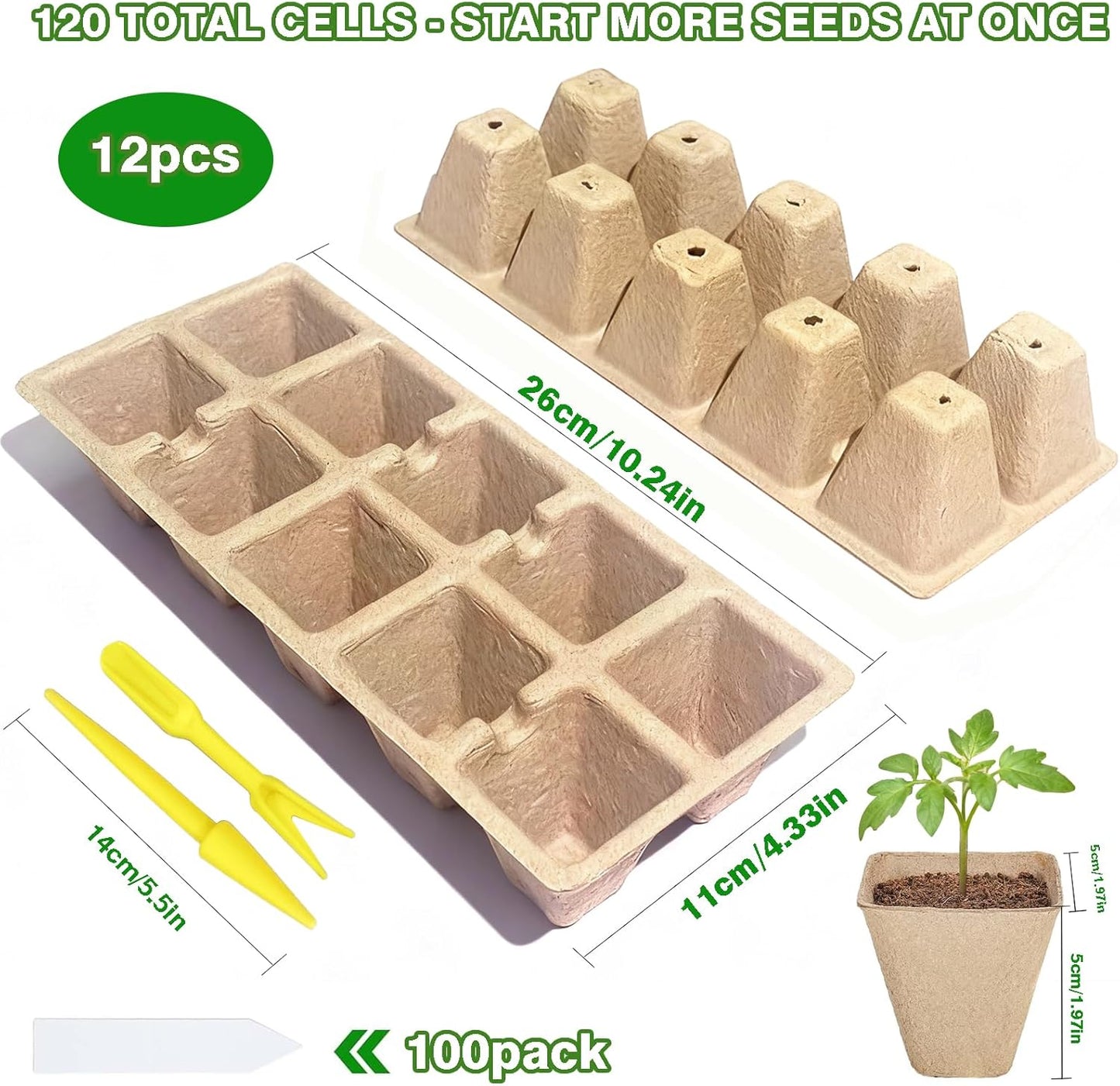 120 Cells Seed Starter Tray, 12 Pack Germination Peat Pots with 100 La