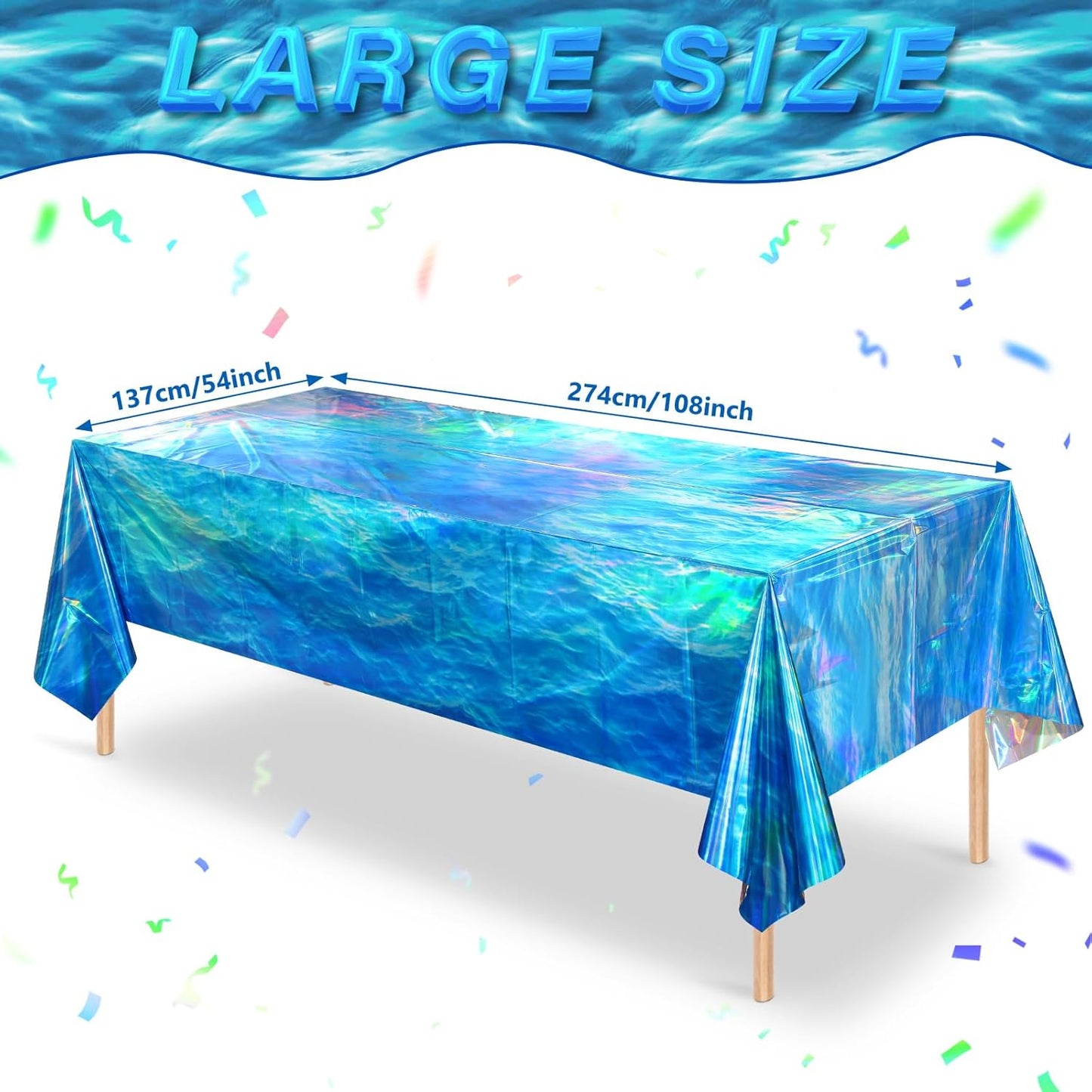 3 Pcs Iridescent Waves Tablecloths - Disposable Plastic Ocean Blue Table Cloth Rectangle Table Covers for Under the Sea Beach Surf Pool Party Birthday Party Decorations, 54 x 108 Inch