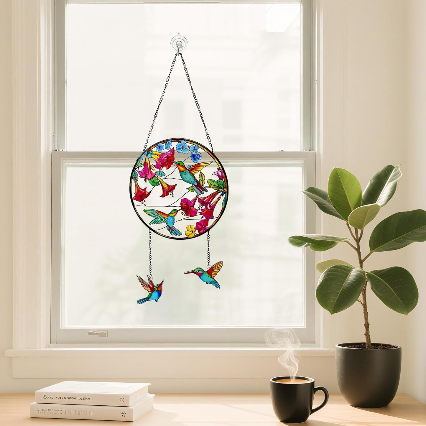 Stained Glass Suncatcher for Window, Marzovitra 8 inch Hummingbird Sun Catcher Hanging with Flowers & 2 Dangling Charms Real Glass Window Decor, Garden Hanging Art Gift for Women, Mom, Nature Lovers