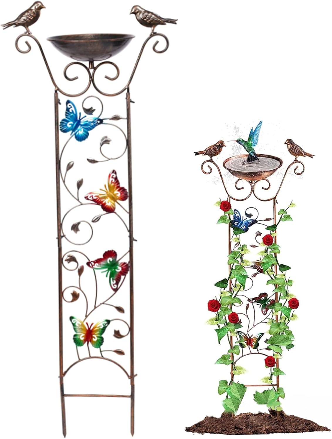 Bird Feeder Stand Bird Bath with Garden Trellis 2-in-1 Metal Bird Water Feeder with Decorative Butterfly Detachable Free Standing Bird Water Dispenser Standing Bird Feeder