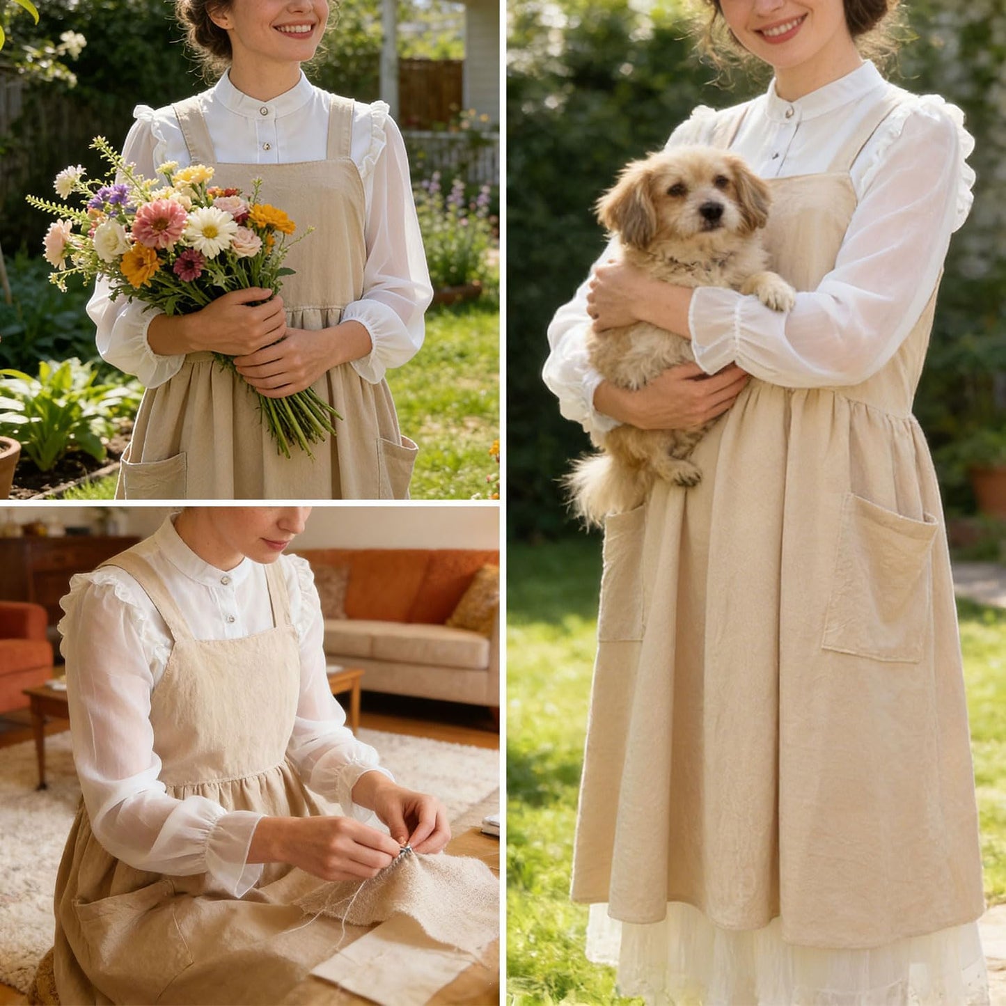 Uaussi Cotton Linen Apron Cross Back Work Apron for Women with Pockets