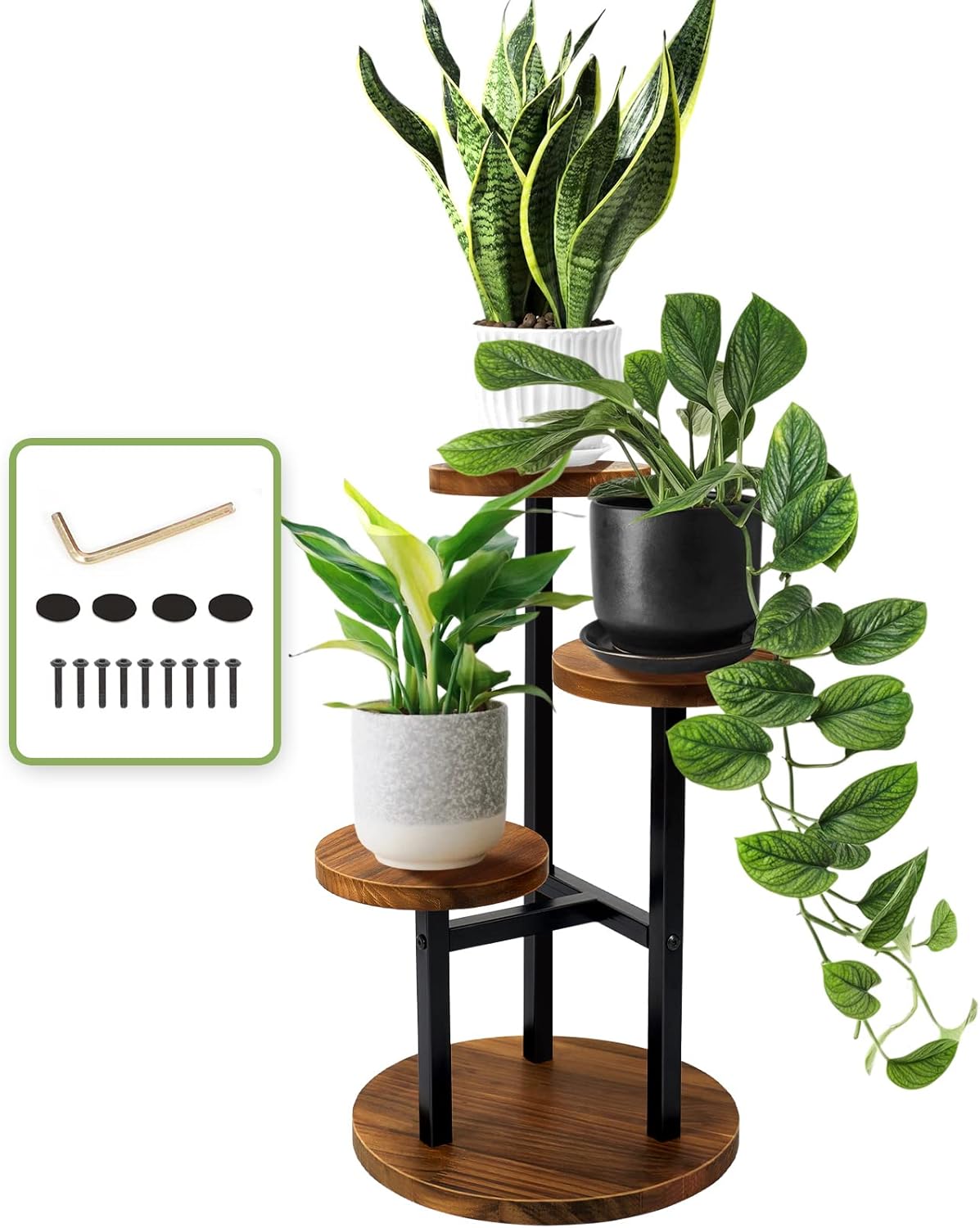 AUGOSTA 3 Tier Plant Stand, Tall Metal Wood Shelf Holder for Indoor, O