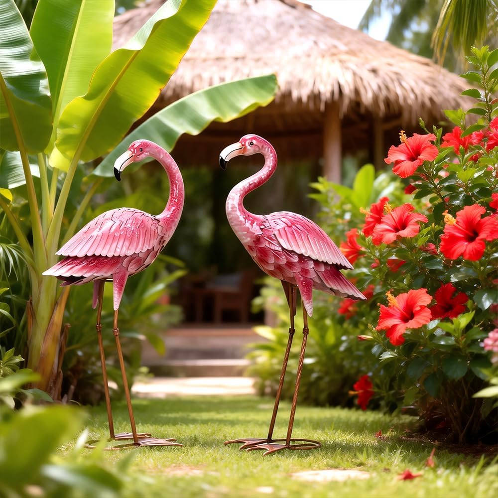 Kircust Outdoor Statue Flamingo Garden Decor, Yard Art Metal Birds Sculpture & Statues, Large Pink Flamingos Lawn Ornaments for Home, Patio, Backyard Decor (2-Pack)