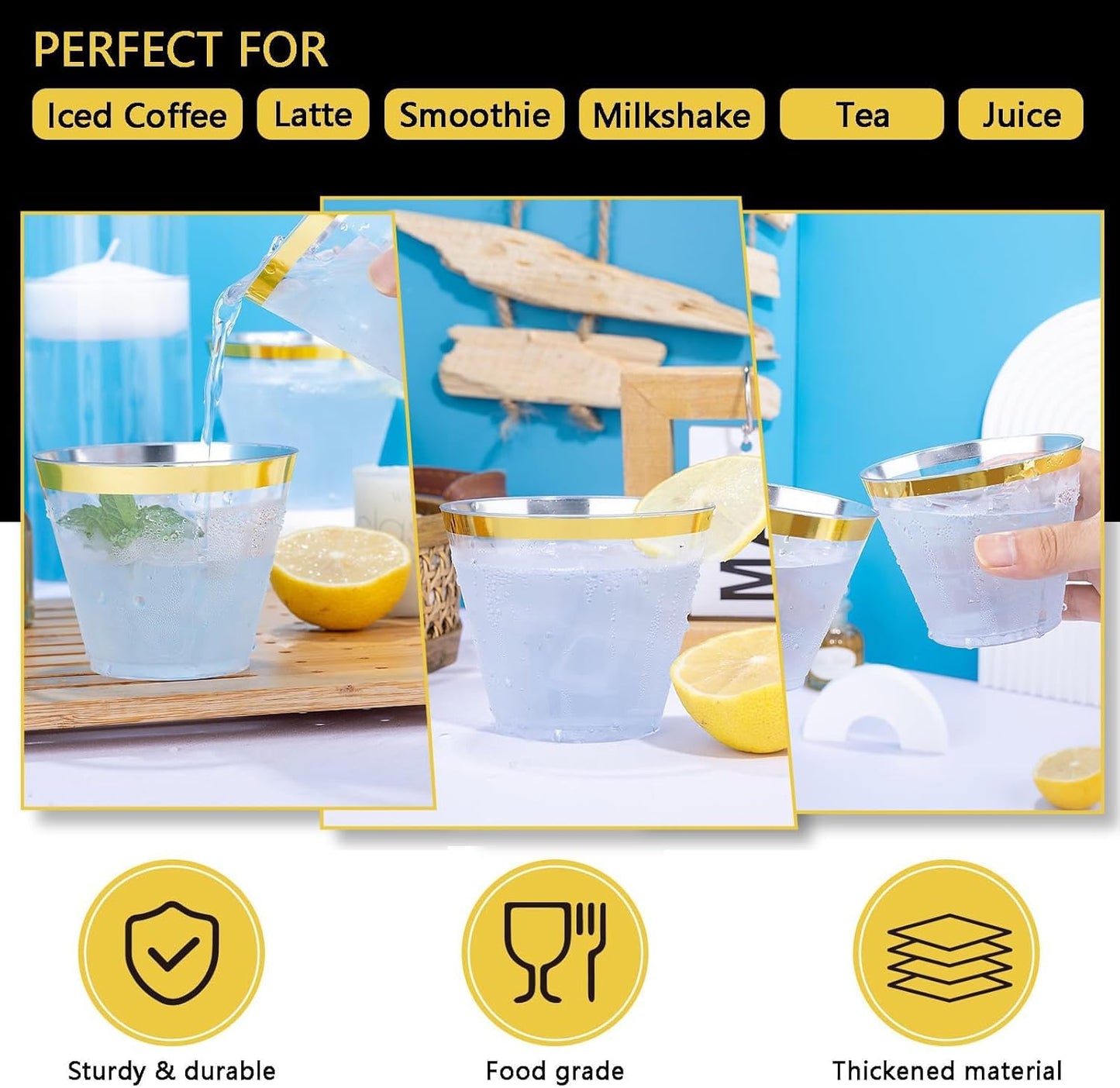 Hioasis 200Pcs 9OZ Clear Cups - Plastic Disposable Cups with Gold Trim, Heavy Duty & BPA-free for Party, Wedding, Reception
