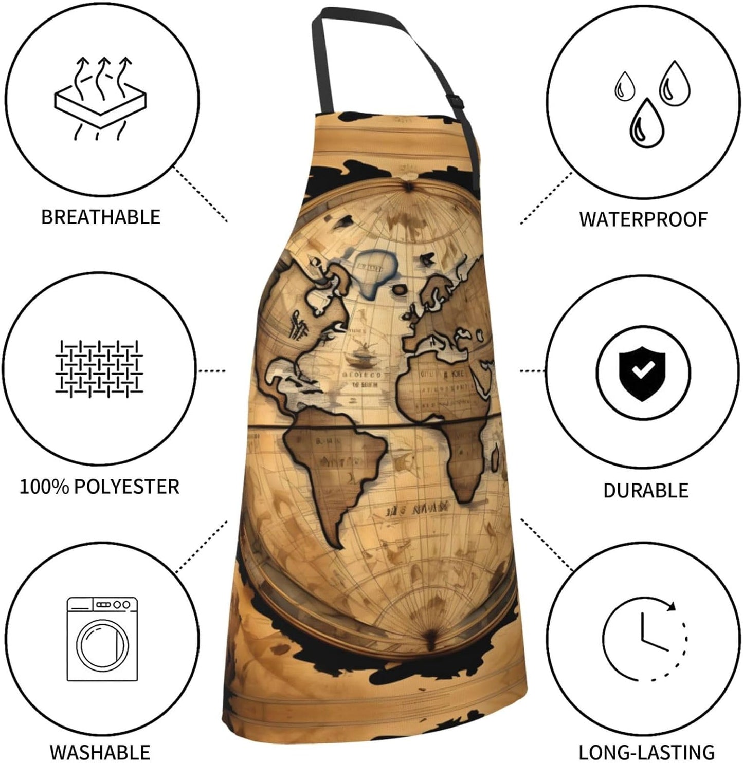 Ancient Map World Globe Print Laundry apron 28x33 In Waterproof Kitchen Apron with Pockets for Cooking Baking
