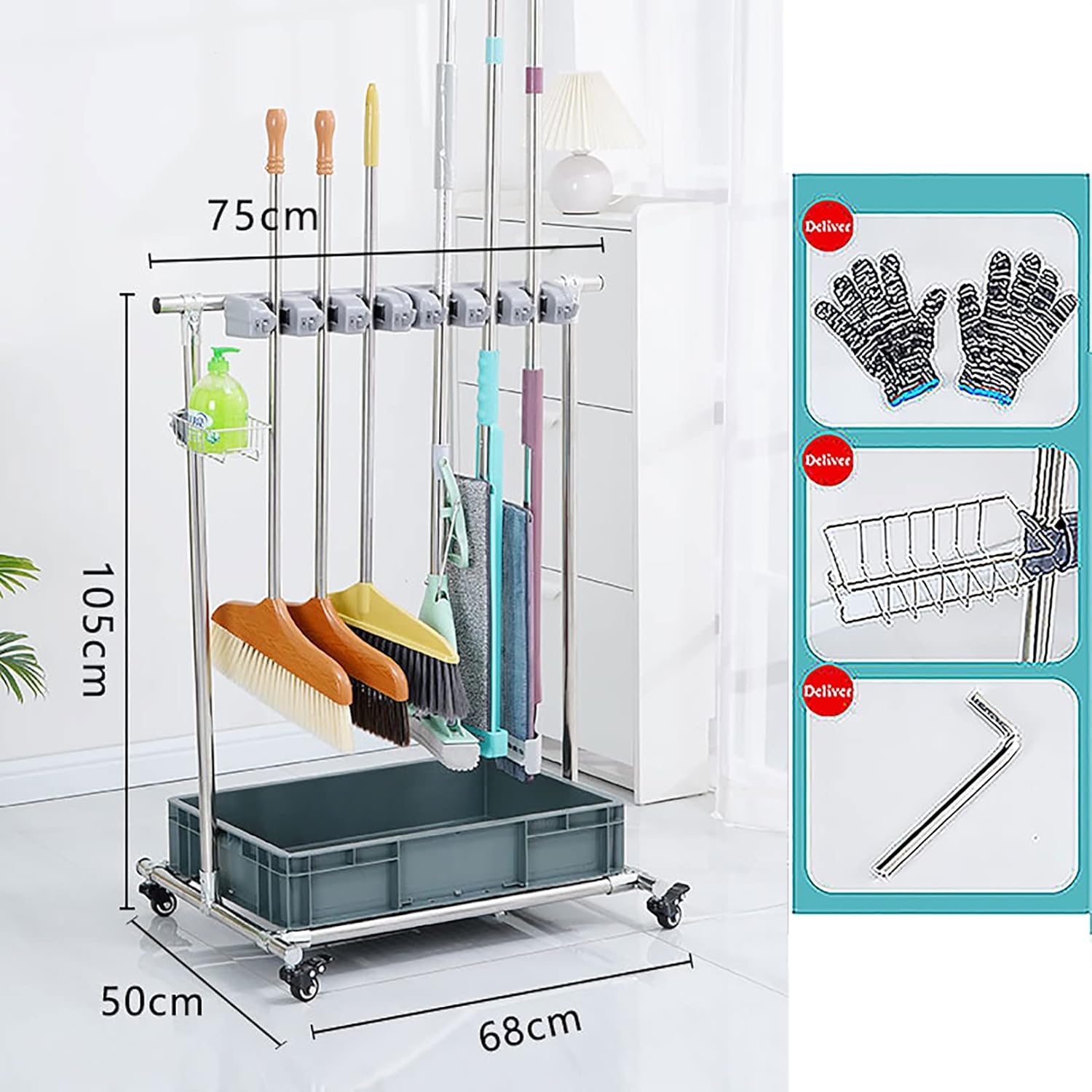 Broom and Mop Rack Can Be Moved,Movable Floor Standing Mop Broom Holde