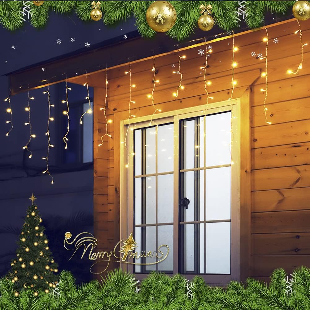 300L LED Icicle Lights, Warm White Window Curtain Lights,8 Modes with 