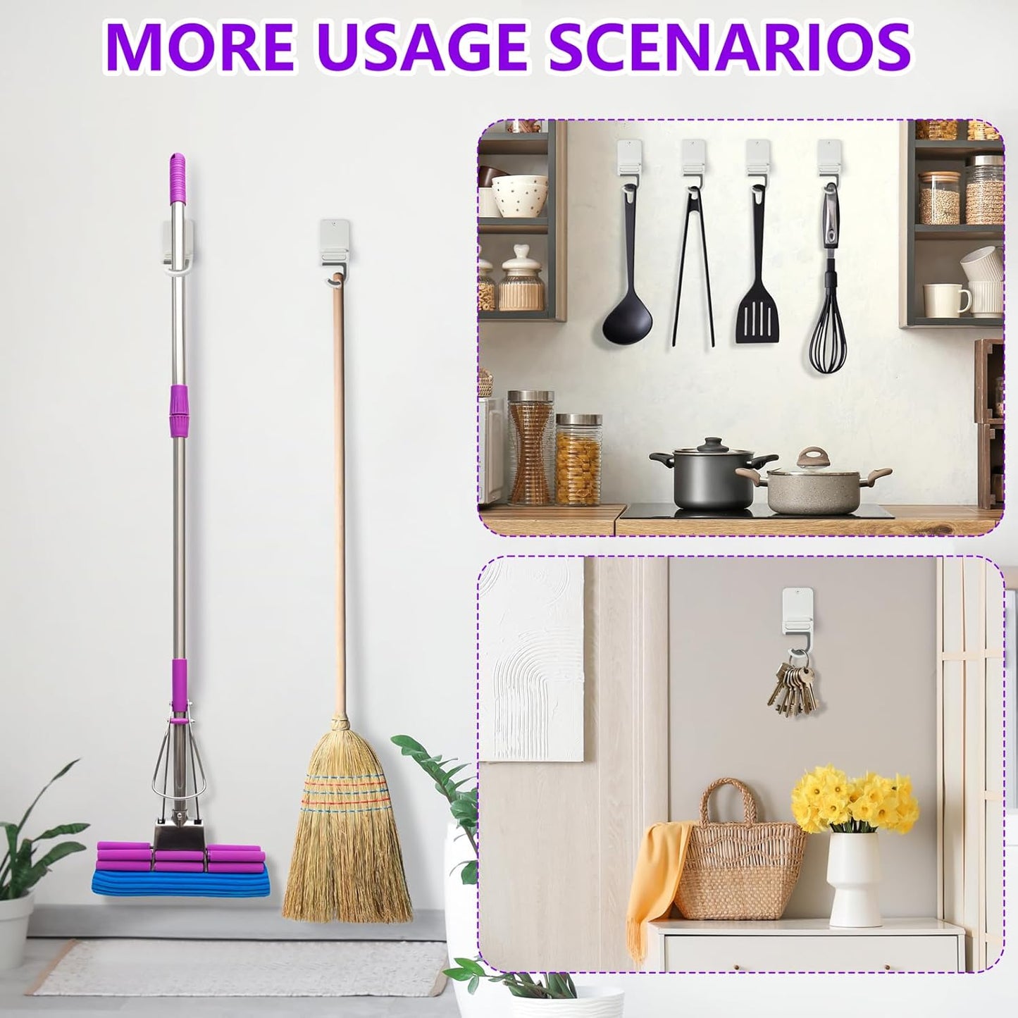 Broom and Mop Holder Wall Mount, Heavy Duty Screw Drilling Gripper Rack Supports up to 10 lb for Kitchen, Laundry Room, Garage, and Garden Storag (8, White)