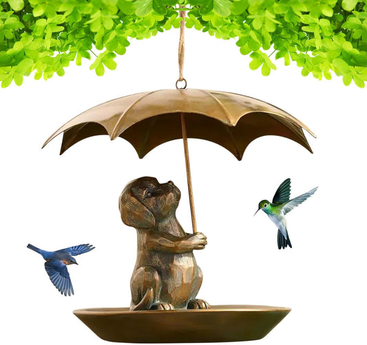 2025 New Animal Bird Feeder with Umbrella, Cute Squirrel/Cat/Dog Handheld Umbrella Design Bird Feeder, Outdoor Hanging Metal Hummingbird Feeder, Garden Yard Decoration, Gifts for Seniors (Dog)