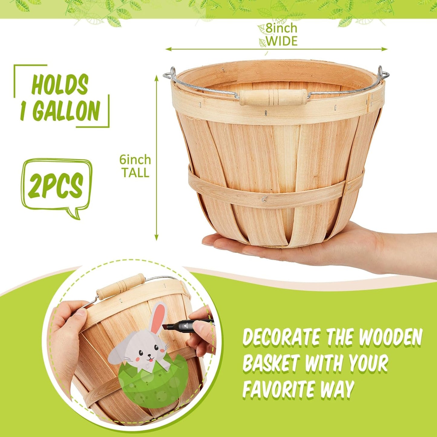 Tatuo 2 Pcs Round Wooden Apple Baskets Wood Fruit Buckets with Handle Fall Harvest Basket Portable Bushel for Market Vegetables Garden Home Party Supplies Easter Gifts (Wood Color)
