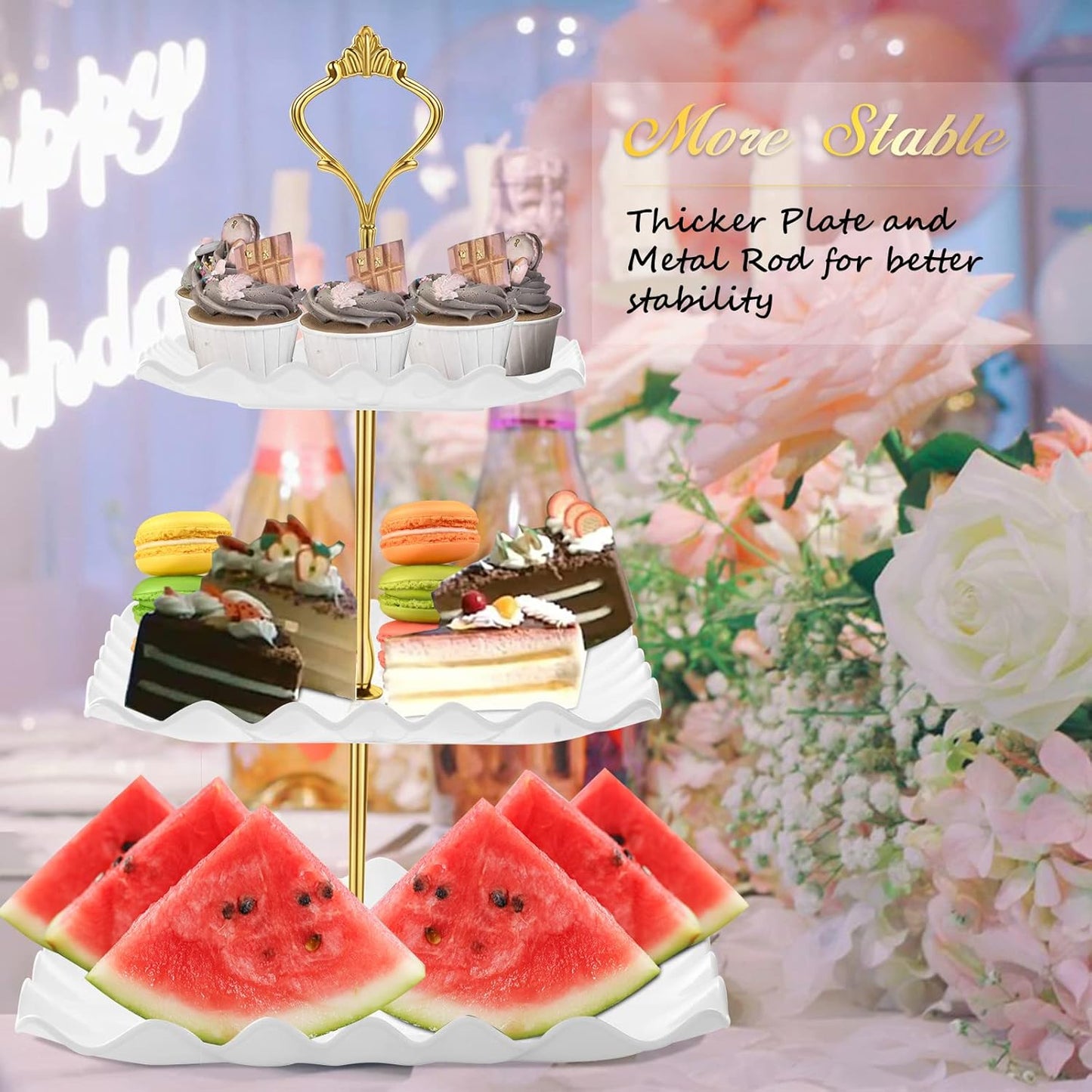 Dessert Cupcake Stand, 3 Tier Cup Cake Holder Tower for Tea Party/Birthday/Wedding, Plastic Tiered Serving Tray with Metal Rod, White