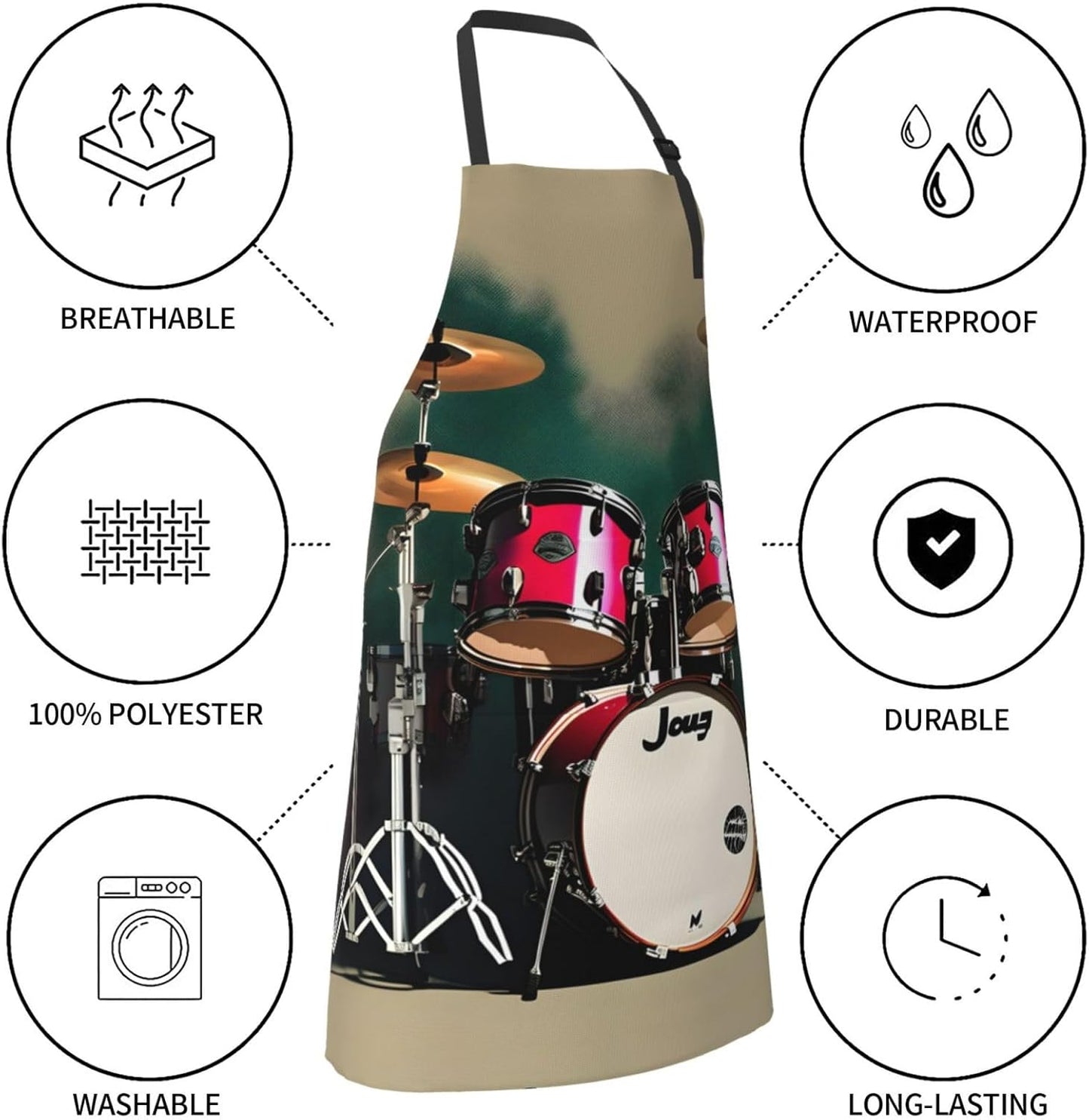Jazz drum print Waterproof chef's apron with pocket apron for kitchen cooking baking barbecue and gardening