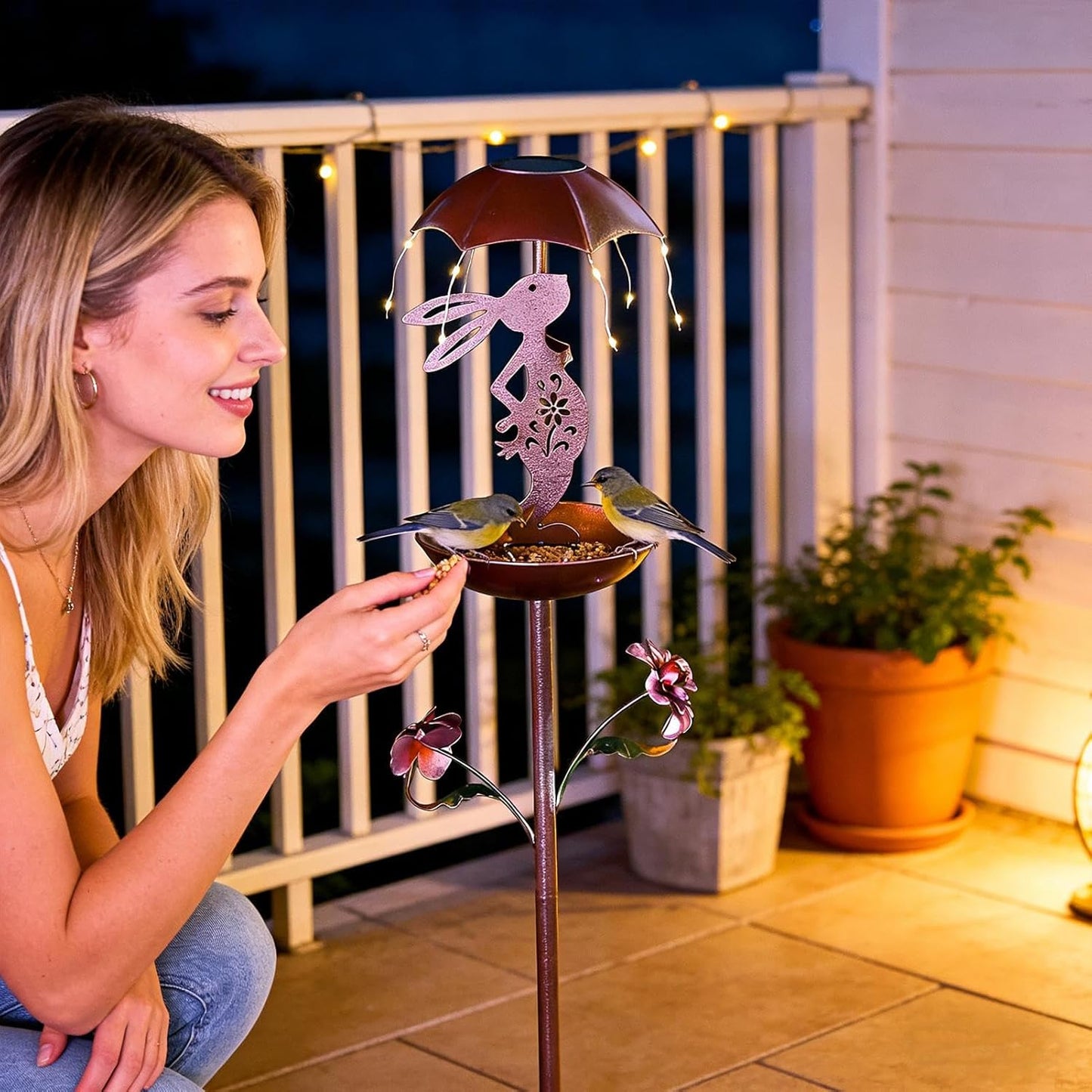 Outdoor Bird Feeder Solar, Rabbit Shape Birdfeeder Stakes, Lighted Yard Decoration with Durable Materials, Bunny Garden Accessory with Compact Design, Heat Resistant Metal Grid, Macaws Parrot
