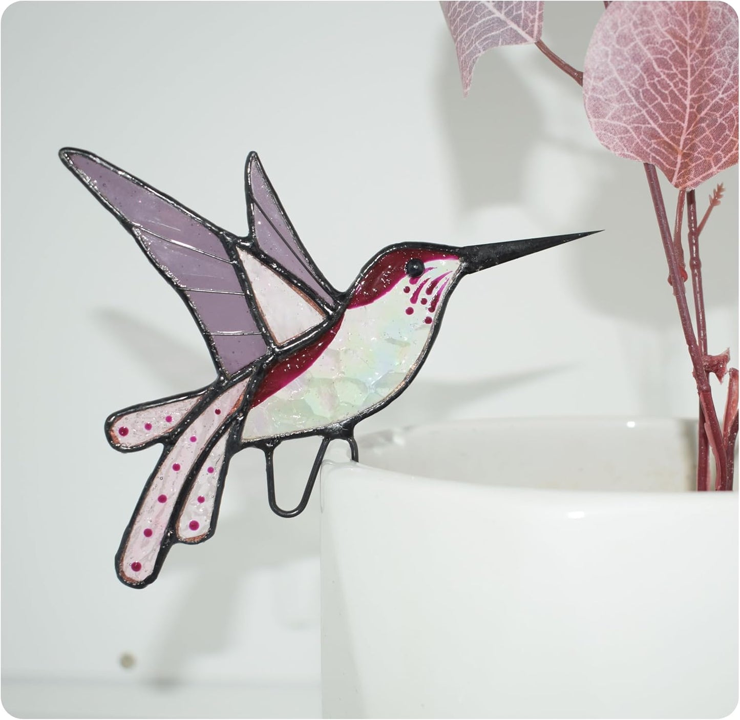Lolitarcrafts Stained Glass Hummingbird Suncatcher for Planter Decoration – Colorful Glass Plant Pot Ornament, Ideal as a Gift for Christmas or Other Occasions (Purple A)