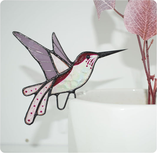 Lolitarcrafts Stained Glass Hummingbird Suncatcher for Planter Decoration – Colorful Glass Plant Pot Ornament, Ideal as a Gift for Christmas or Other Occasions (Purple A)