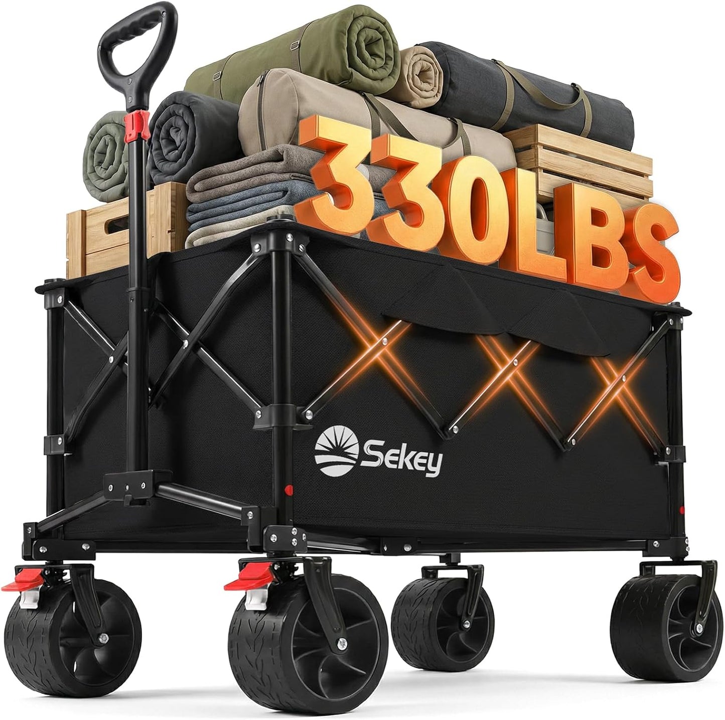 Sekey 150L Wagons Carts Foldable with Big All-Terrian Beach Wheels, Collapsible Heavy DutyWagon with Cup Holders, Extra Large Folding Wagon,Foldable Wagon for Camping, Garden, Sports. Black