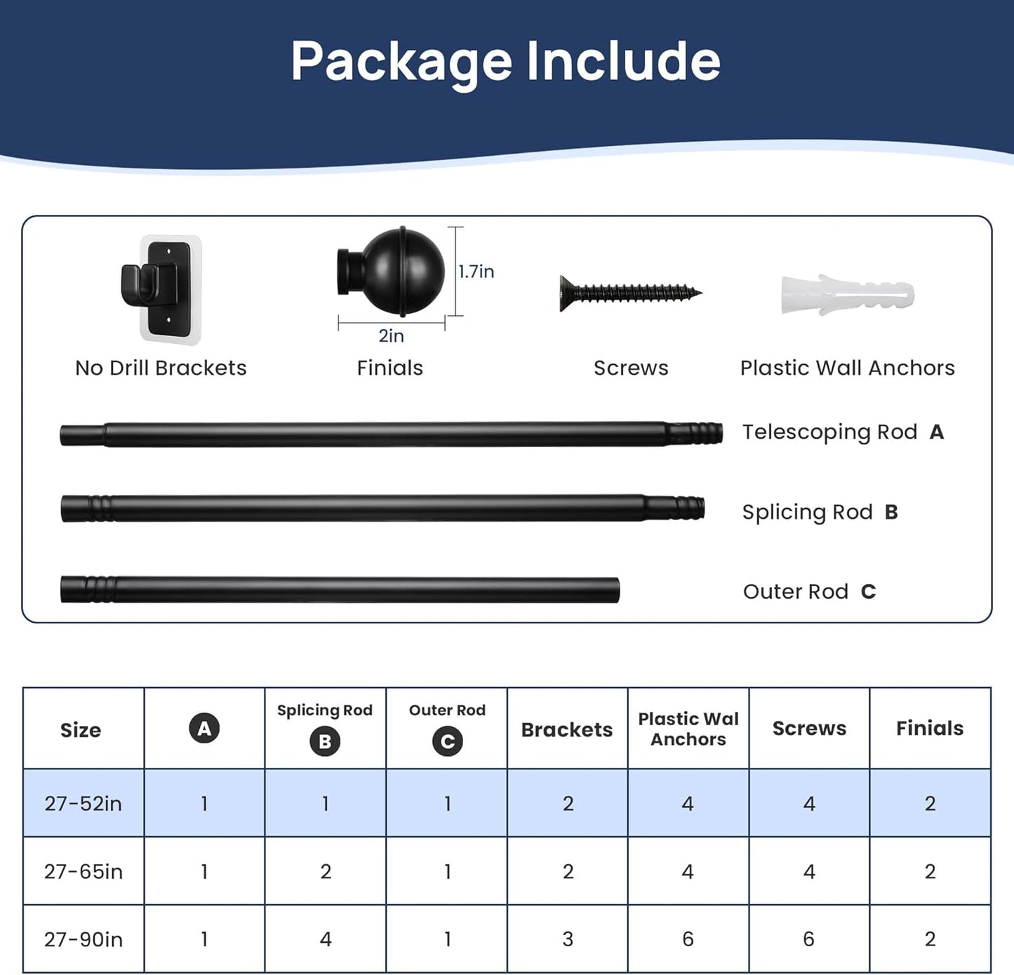 ENJOYBASICS 2 Pack No Drill Curtain Rods for Window 28 to 48 Inches, 5/8 Inch Diameter Renter Friendly Drapery Rod with Adhesive Brackets without Drilling, Adjustable from 27 to 52 Inches, Black
