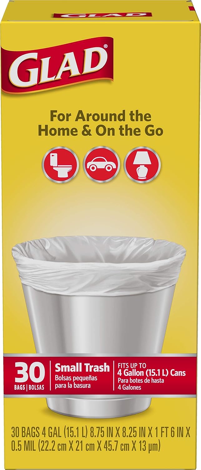 Glad Trash Bags, Small Garbage Bags - 4 Gallon White Trash Bag - 30 Co