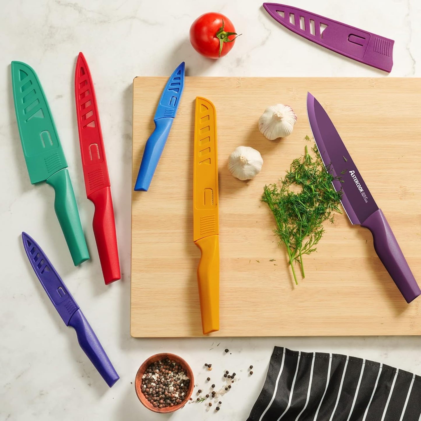 Astercook Knife Set, 12 Pcs Color-Coded Kitchen Knives Set, 6 Color An