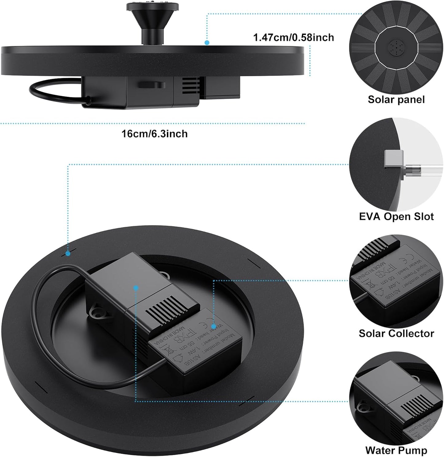Solar Water Fountains,Solar Powered Bird Bath Fountain with 6 Nozzles - Free Standing Floating Solar Fountains for Bird Bath, Garden, Pond, Pool (Black-1.4W)