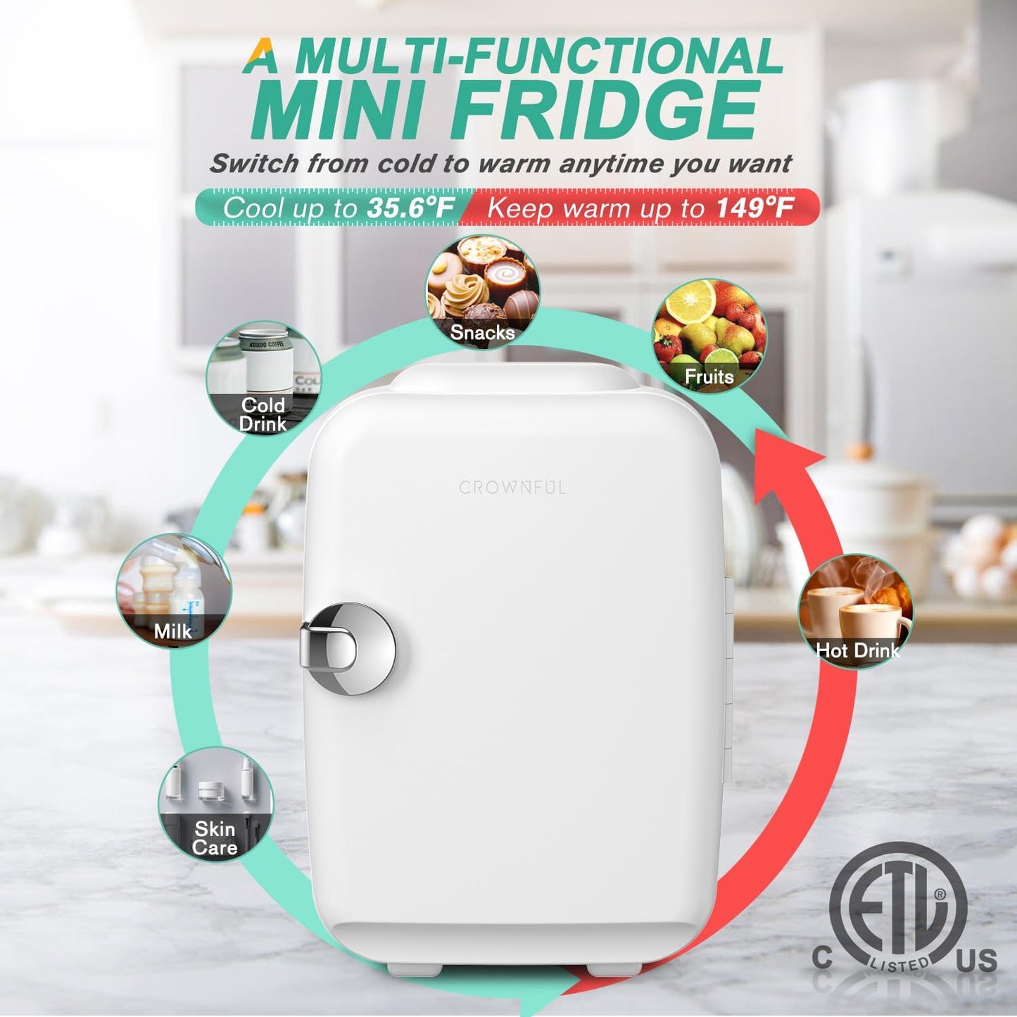 CROWNFUL Mini Fridge, 4 Liter/6 Can Portable Cooler and Warmer Persona