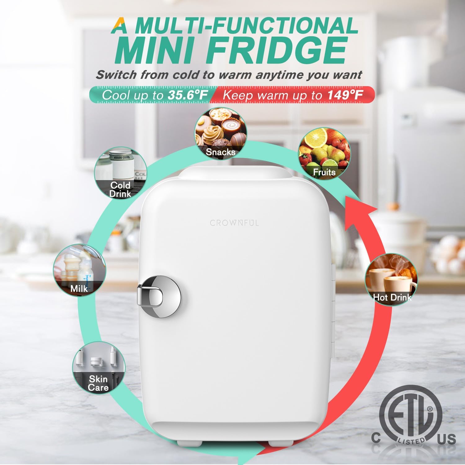 CROWNFUL Mini Fridge, 4 Liter/6 Can Portable Cooler and Warmer Persona