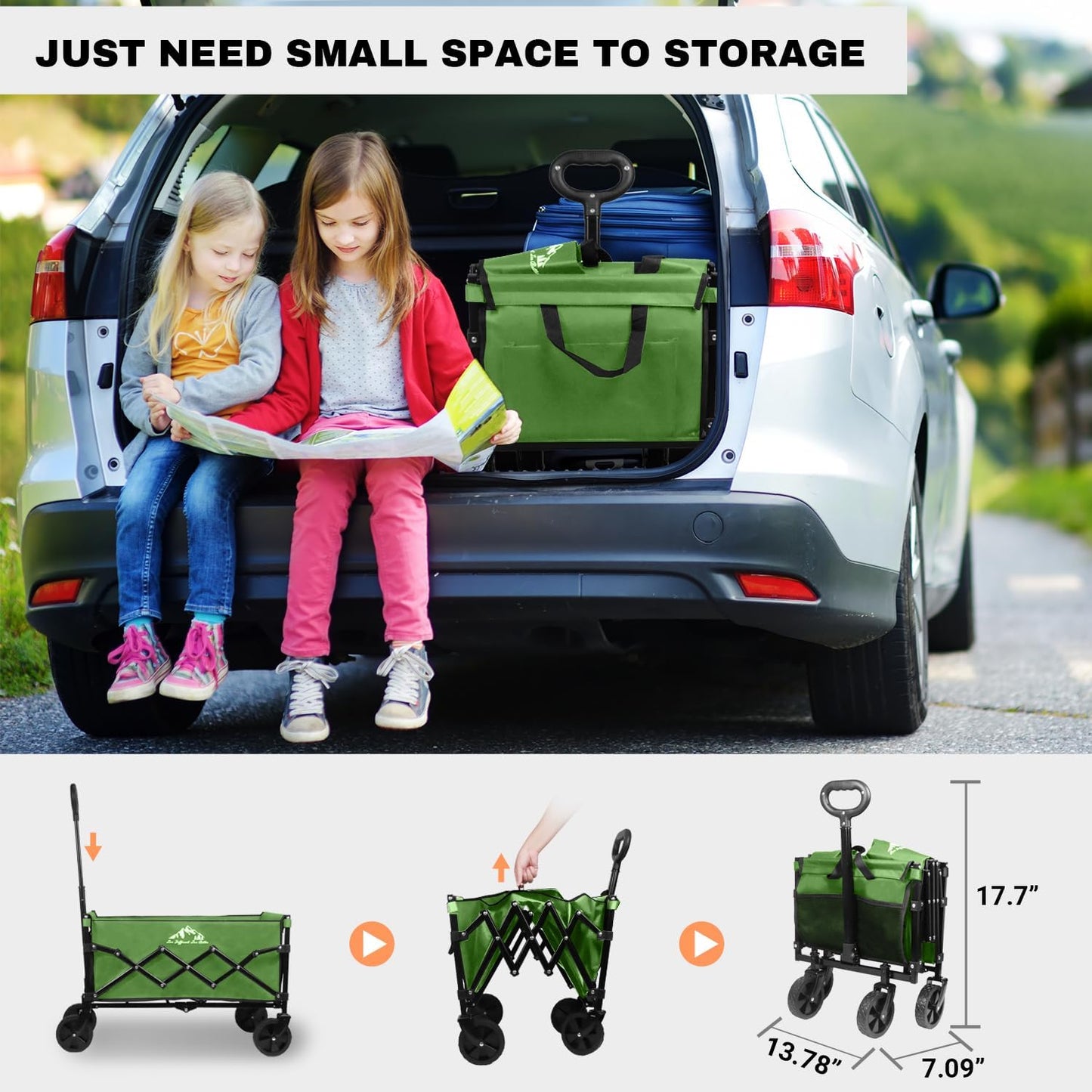 Collapsible Wagon 352LBS Capacity, Foldable Large Wagons Carts, Heavy Duty Outdoor Folding Wagon with All-Terrain Wheels, Utility Garden Beach Wagon with Storage Bag Green
