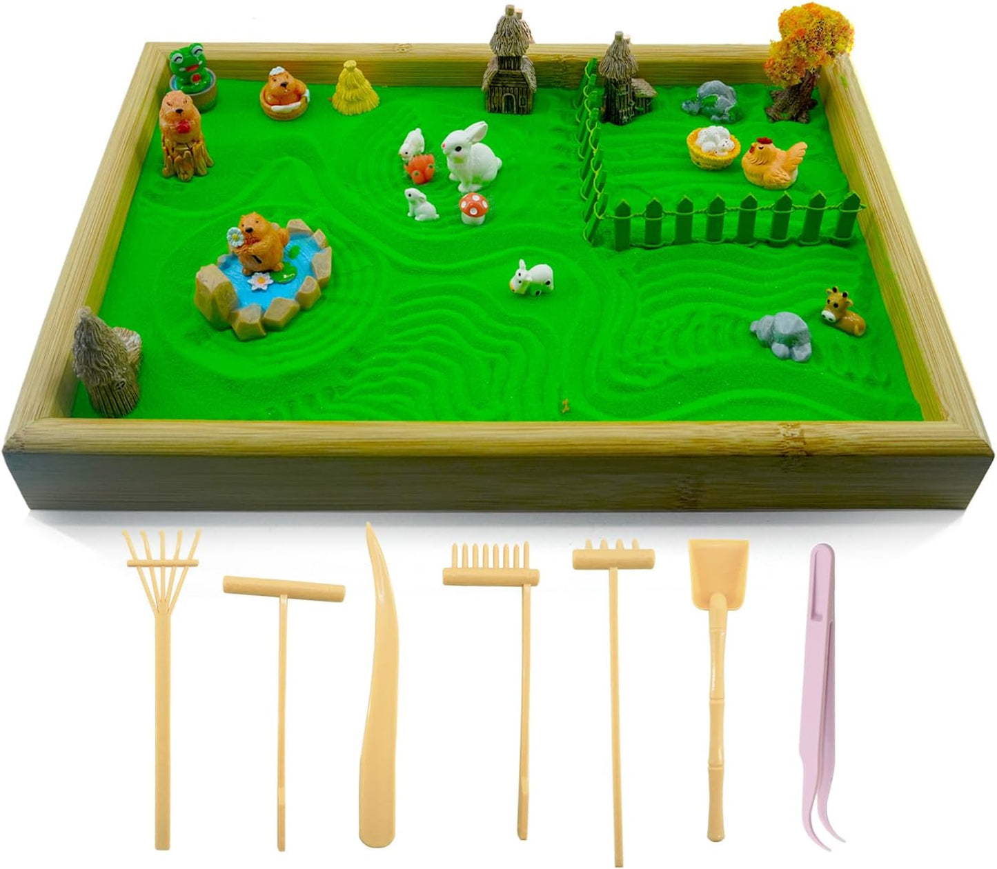 33 Pcs Zen Garden For Desk，Mini Zen Garden，Japanese-Style Home Gift Set Featuring A Wooden Tray With Rake-Shaped Mini Ornaments, Perfect For Desk Decoration, Bedroom Nightstands, And More.