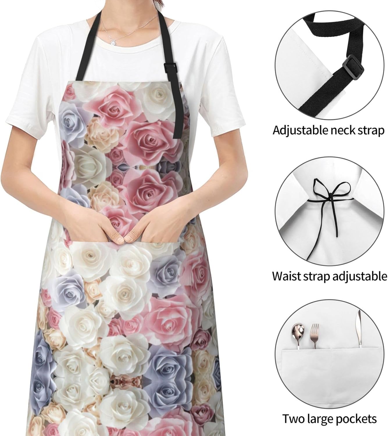 Rose Flower Floral Print Laundry apron 28x33 In Waterproof Kitchen Apron with Pockets for Cooking Baking