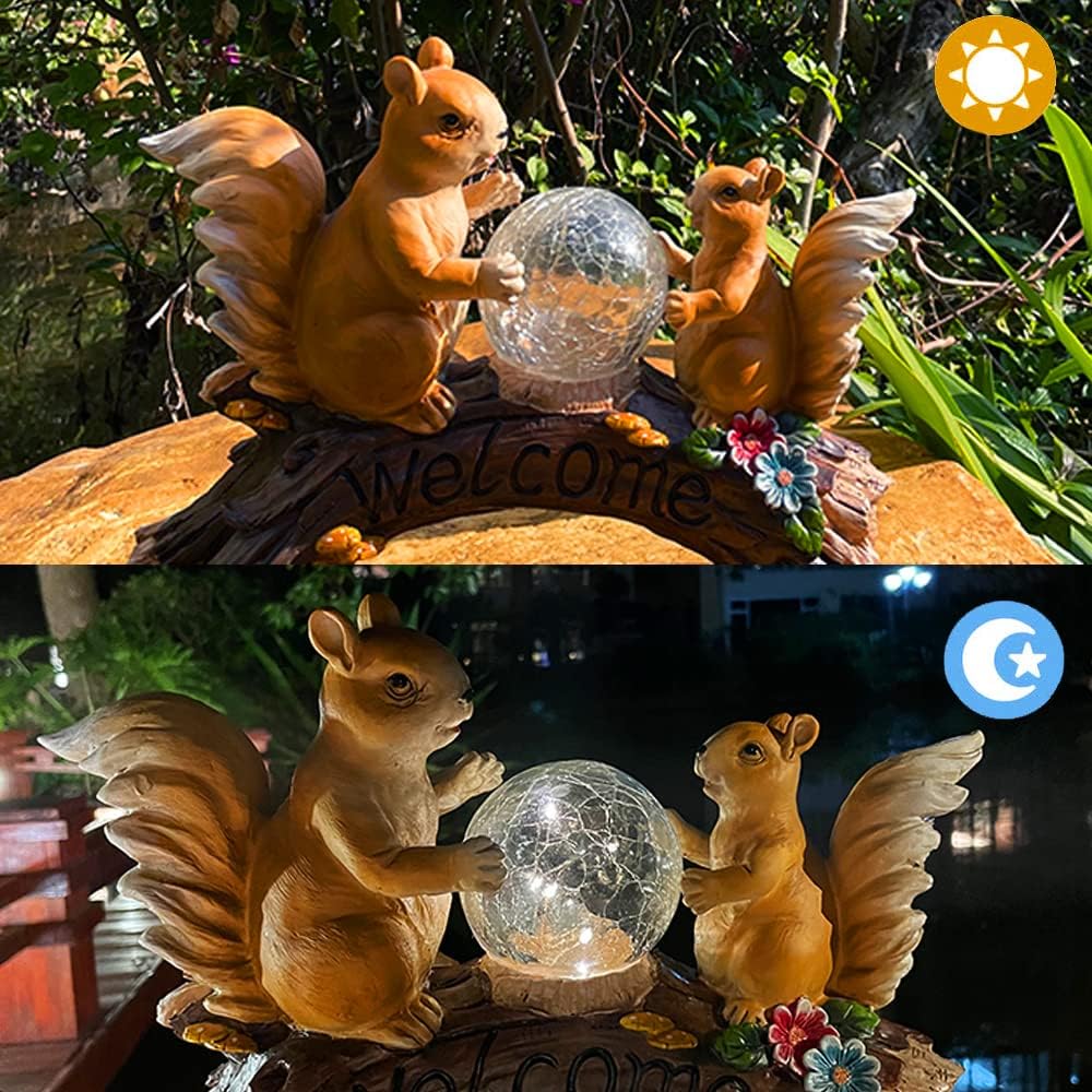 Solar Powered Squirrels on a Log Outdoor LED Garden Light Decor, Garden Ornament (Squirrels on a Log)