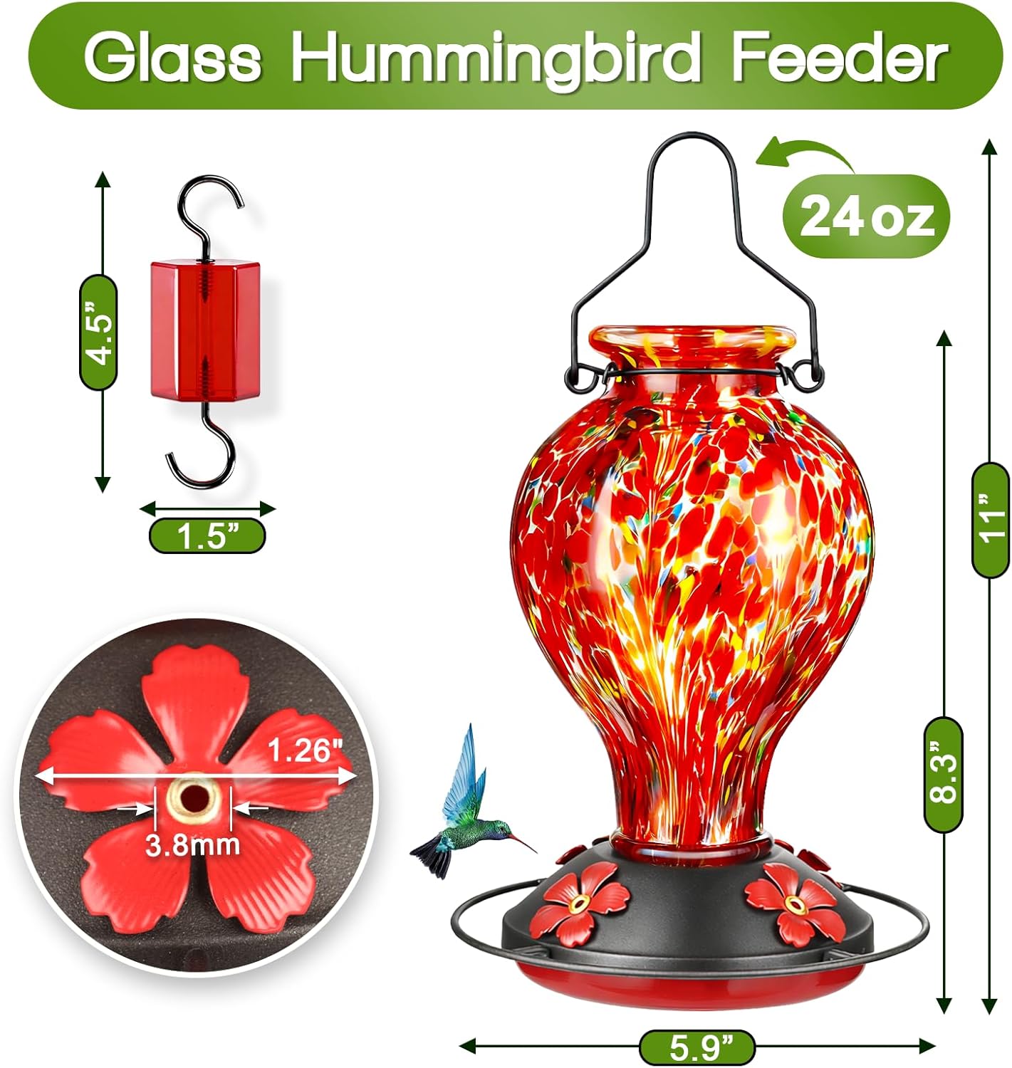 Hand Blown Glass Hummingbird Feeders for Outdoors Hanging, 24oz Wild B