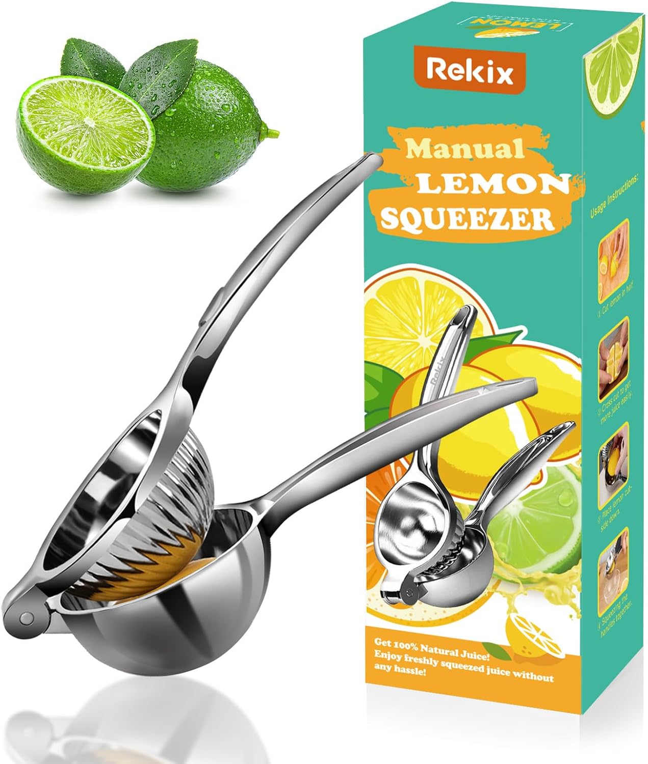 Rekix Lemon Squeezer, Max Extraction Hand Press Lemon Juicer, Heavy Duty Manual Orange Juicer, Sturdy Metal Lime Squeezer, Durable Handheld Citrus Fruit Squeezer for Kitchen Bar, Exprimidor De Limones