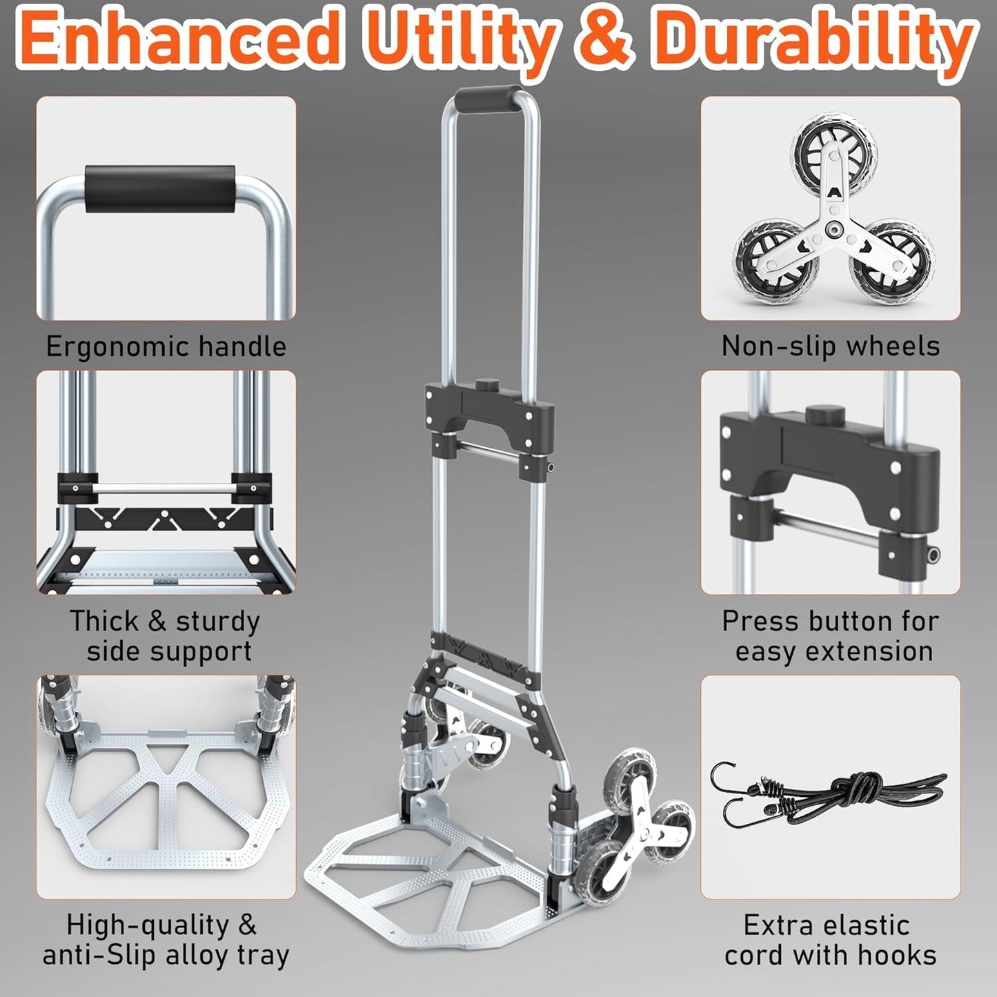 Collapsible Stair Climbing Dolly with Wheels，Grocery cart on Wheels for Stairs,Weight Capacity 220 lbs. Lightweight Aluminum Alloy Construction, Ideal for Household Shopping and Moving Goods