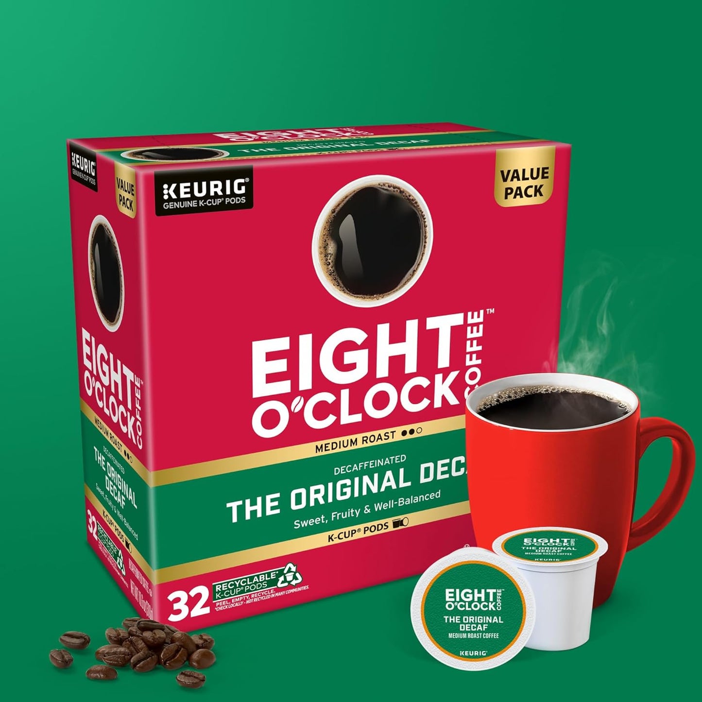 Eight O'Clock Coffee The Original Decaf, Single-Serve Keurig K-Cup Pods, Medium Roast Coffee Pods, 1 Count (Pack of 32)