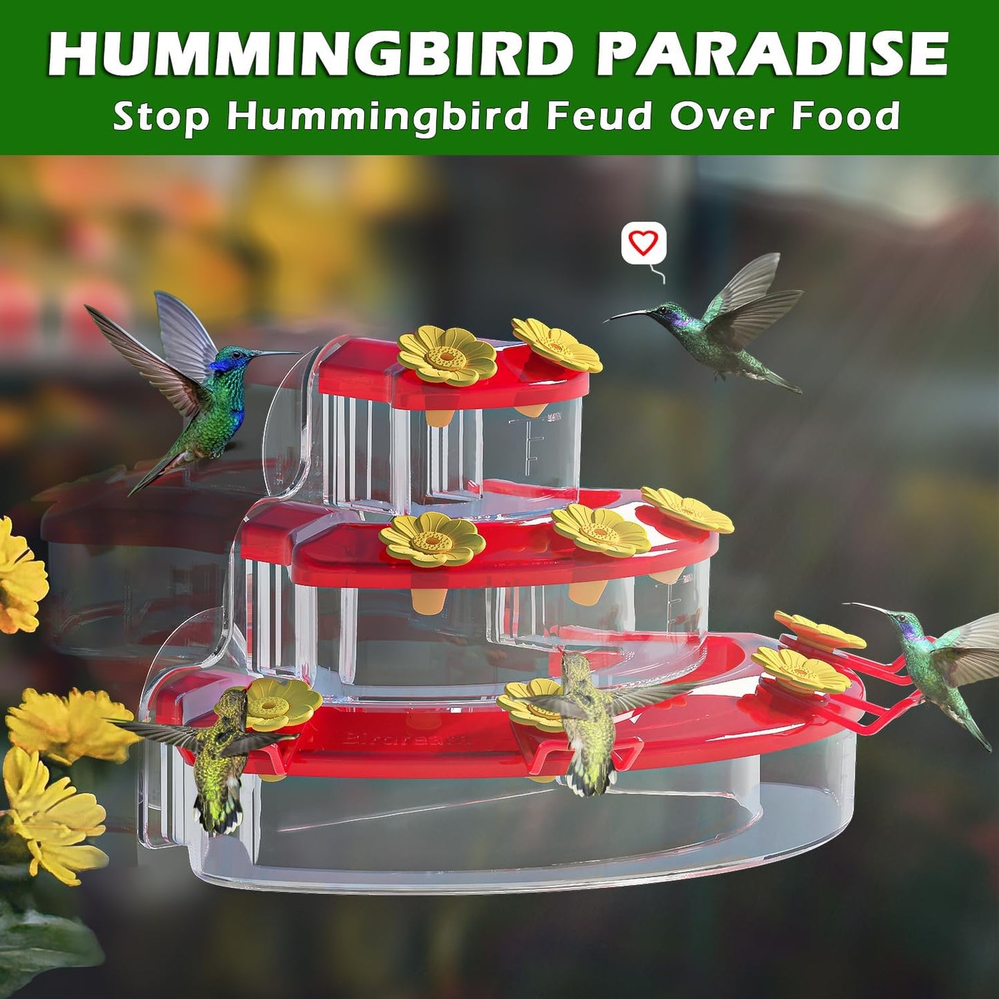 Birdream 2 Pack Window Hummingbird Feeders 18oz, 9 Feeding Ports & Brush Cake Design Hummingbird Feeder, Attracting Ruby Throated Anna Rufous - Red