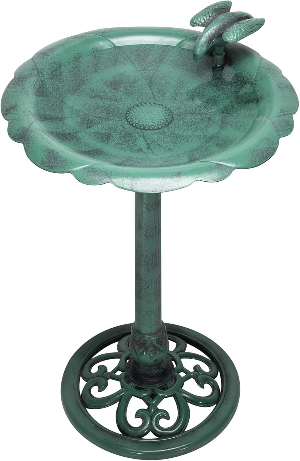 Alpine Corporation 31" Tall Outdoor Antique Flower Birdbath with Bird Decoration Yard Statue, Durable Polypropylene Construction for Patio, Deck, or Yard, Green