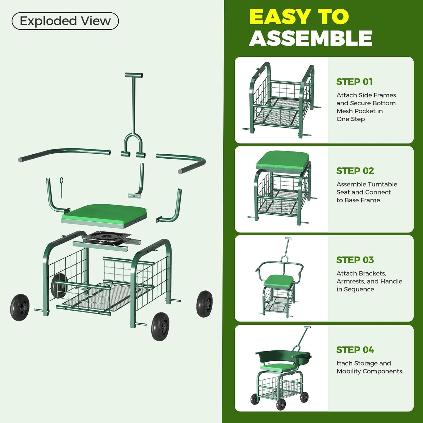Suntee Garden Seat with Wheels, Rolling Gardening Stool with 360° Swiv